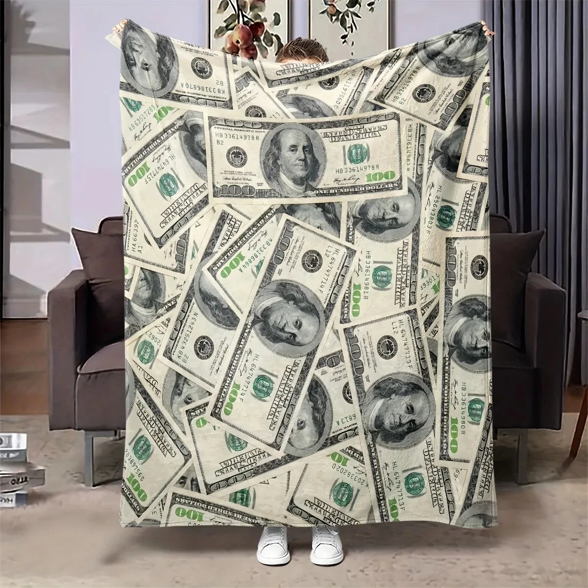 Manta con Diseño de Billete de 100 Dólares, Impresión Realista de Dinero, Verde y Blanco, Tela de Franela Suave para Sofá