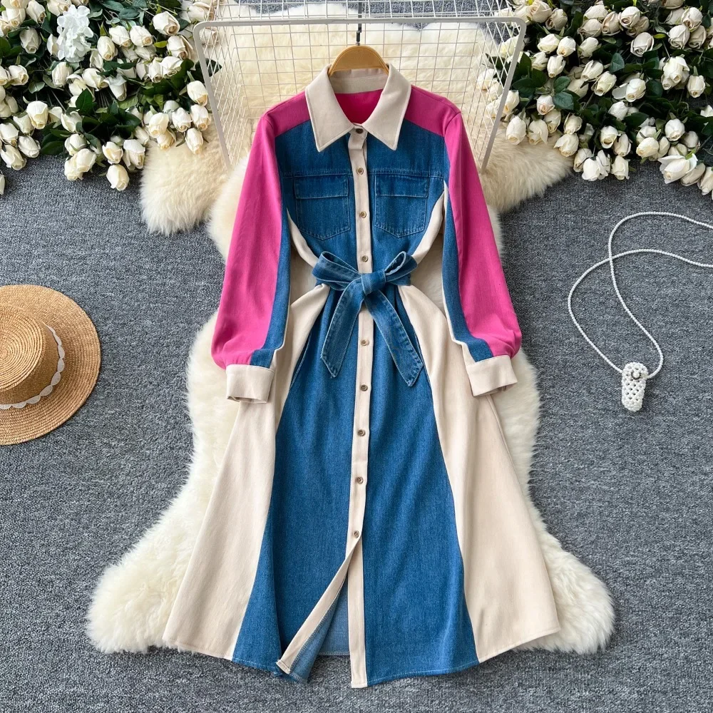 Contraste cor casual manga longa camisa vestido cinto cintura fina a linha único breasted lapela robe 2024 outono novo vintage ropa mujer