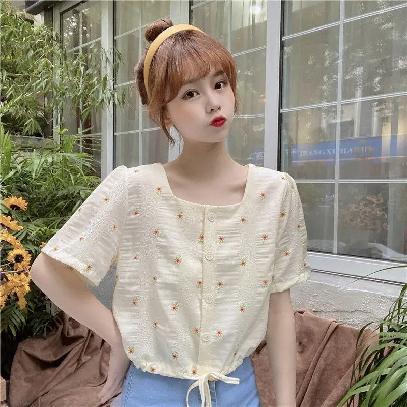 Women Summer Thin Simplicity Sweet Printing Lacing Square Collar Short Sleeve Shirts Women Clothes Casual Appear Thin Trend Tops