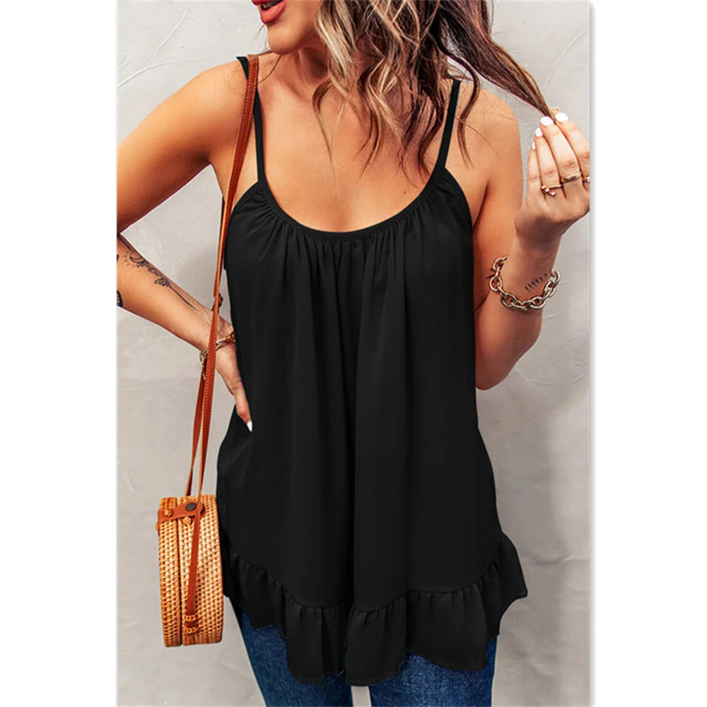 2022 Lady Ruffle Patchwork Shirt Women Spaghetti Strap Vest Summer Sleeveless Solid Casual Loose Female Street Tank Tops T Shirt