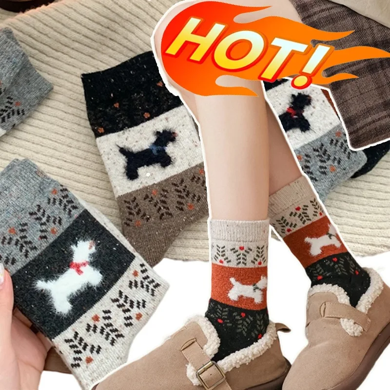

Plush Lined Winter Socks for Women Warm Mid Calf Socks Cartoon Dog Pattern Cute Fall Socks for Boots Soft Polyester Non Slip
