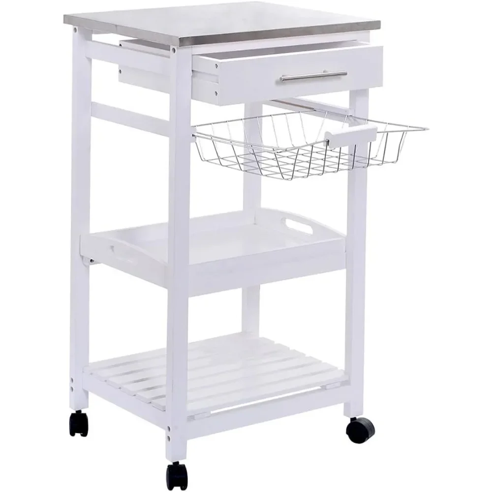 Rolling Kitchen Island Serving Utility Cart Dining Portable Mobile Trolley Stainless Steel Top Removable Cookware Storage Basket