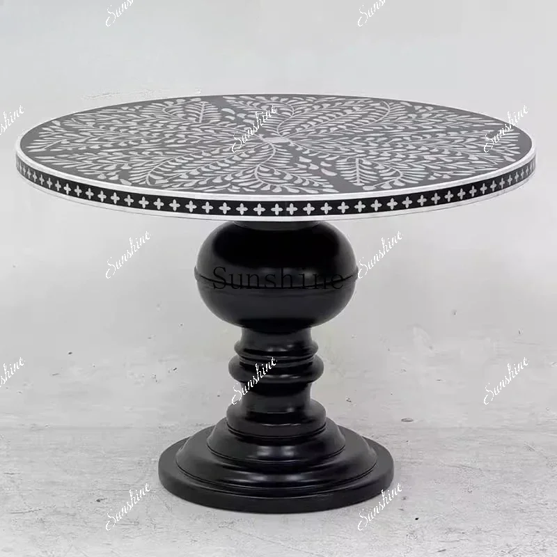 French court retro solid wood hand-painted round dining table inlaid shell table top  FT
