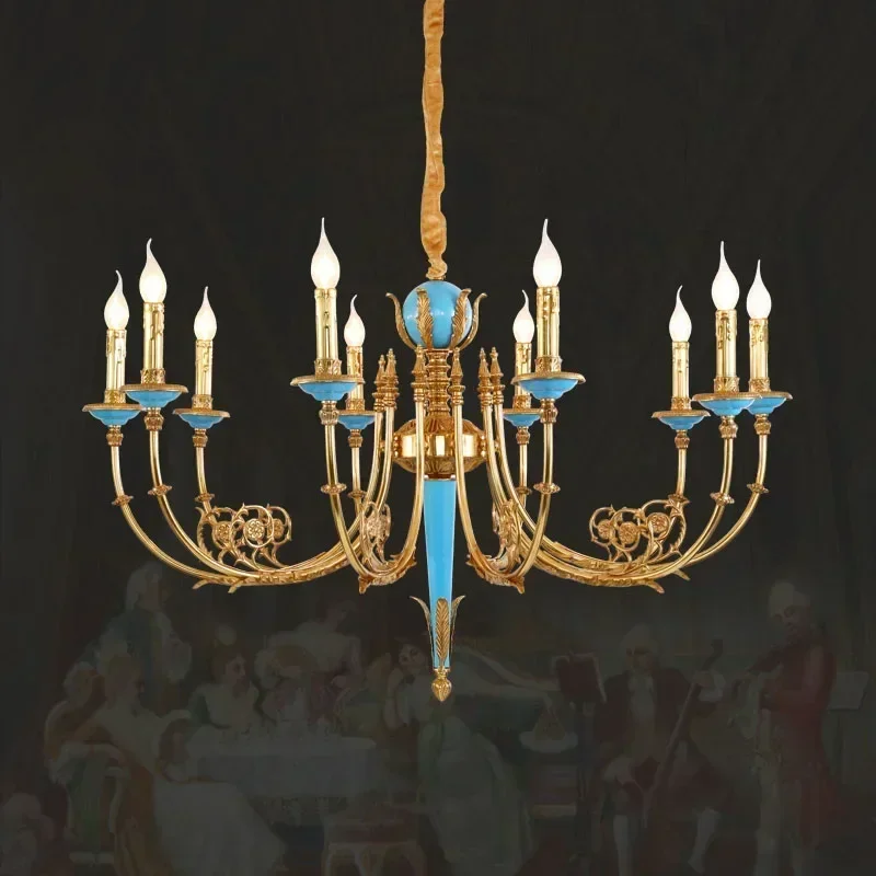 

European Simple Creative Brass Chandelier Living Room Dinning Room Bedroom French Golden Blue Copper Candle Pendant Light