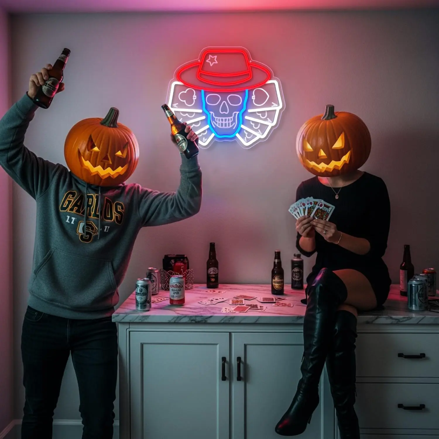 الجمجمة بوكر النيون تسجيل USB عكس الضوء LED ضوء النيون لغرفة الألعاب بار رجل الكهف مخيف الموسم هالوين حفلة مسكون ديكور المنزل #4