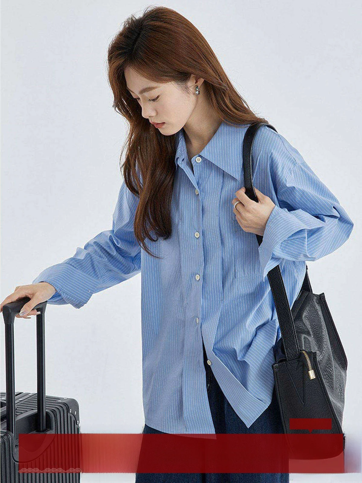 

Blue Vertical Stripes Women's Long Sve irt MOZAIK 2025 New Design Sense Outerwear Spring Autumn Top Cotton Nylon Blend