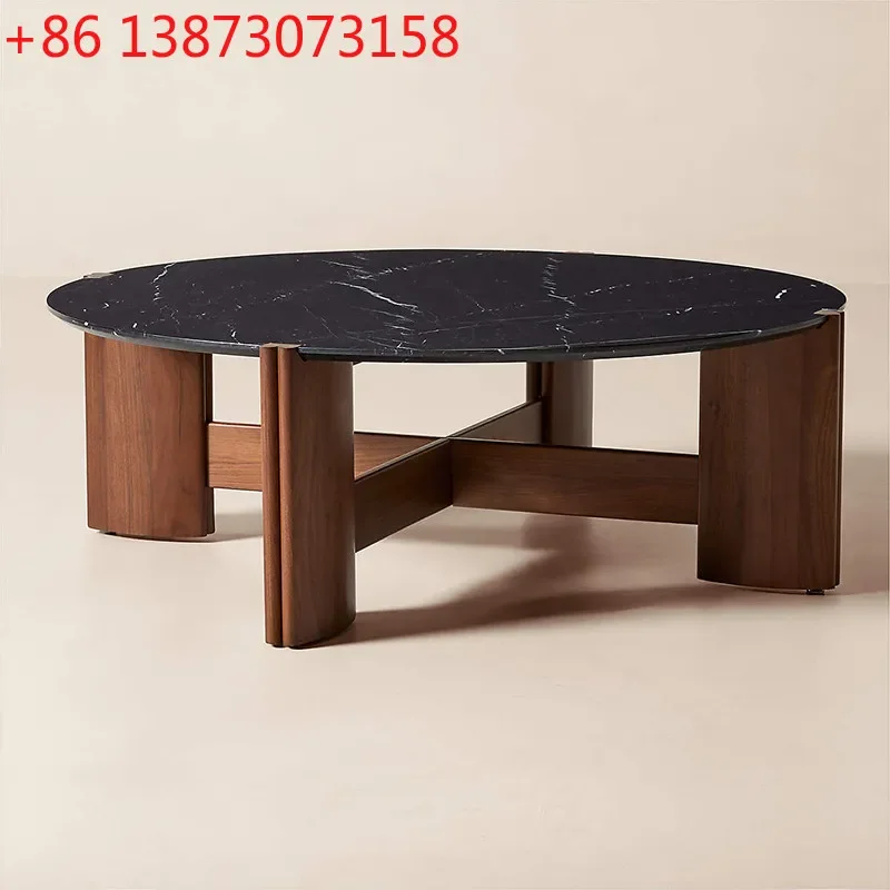 

Natural marble round designer simple light luxury retro wabi style medieval solid wood tea table