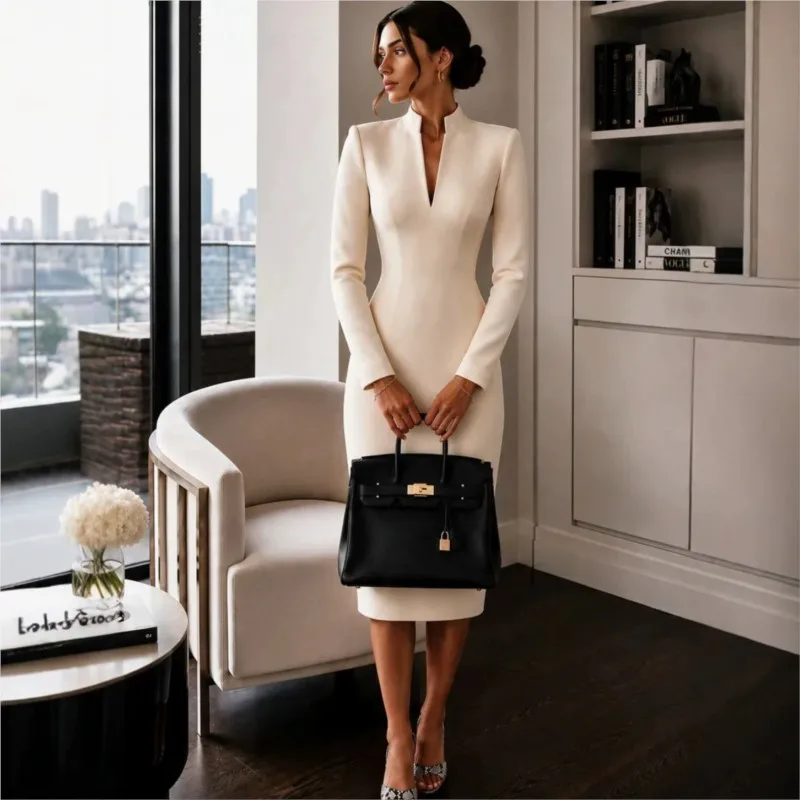 Woman's Elegant Solid High Waisted Dress Temperament Office Clothing Autumn Fashion Long Sleeved Vestidos Ladies Chic Dresses
