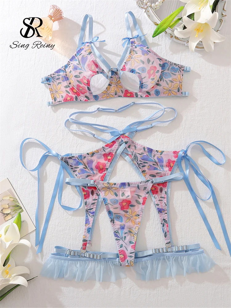 SINGREINY Women Transparent Print Lingerie Suit Fashion Hollow Out Bra+Ruffles Garter+Thongs Korean Floral Sheer Underwear Sets