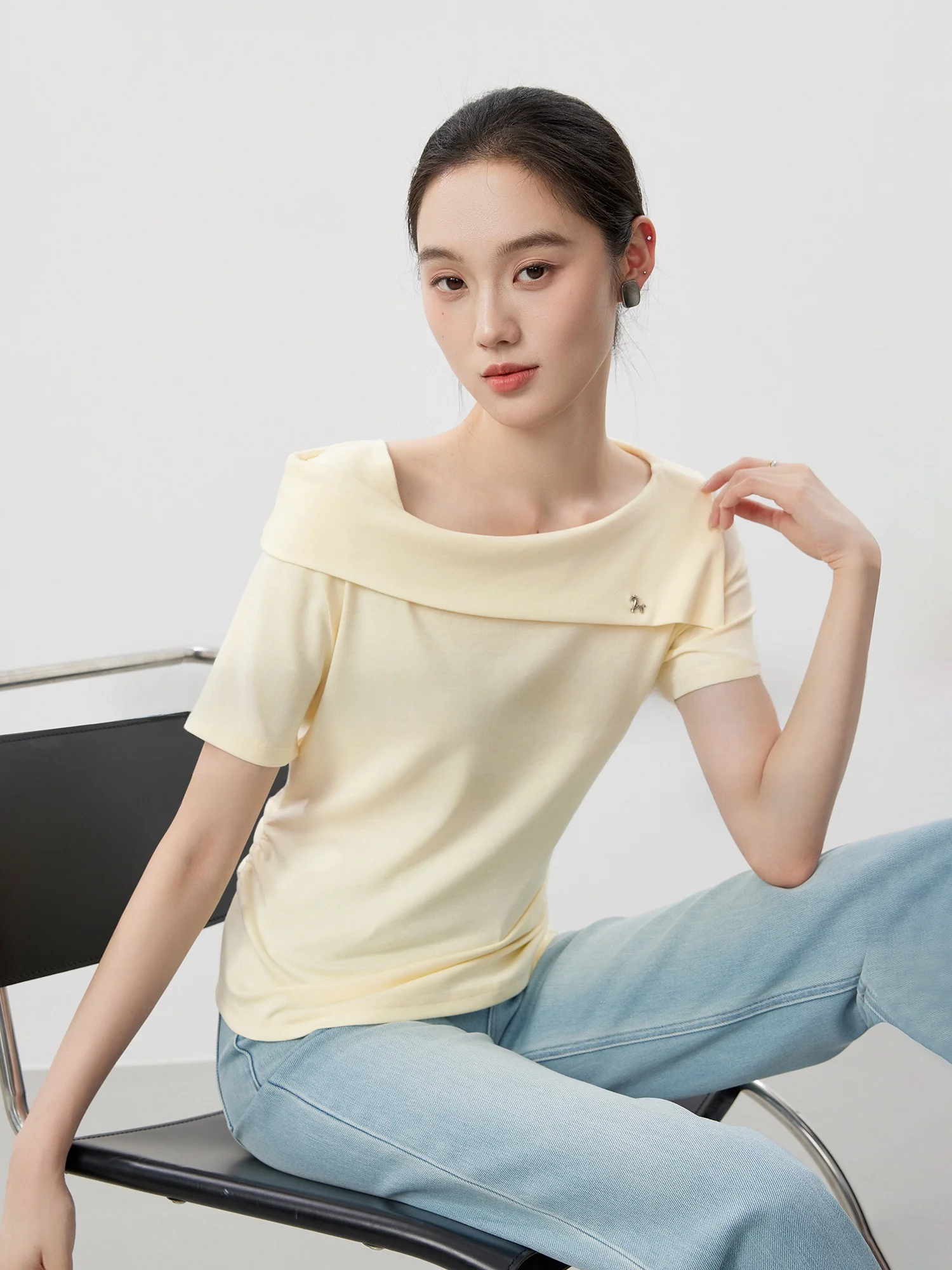 

Женская футболка из модального хлопка с коротким рукавом Daily Ceremony, с воротником и эффектом утяжки на талии, элегантный дизайн, новинка 2026 года