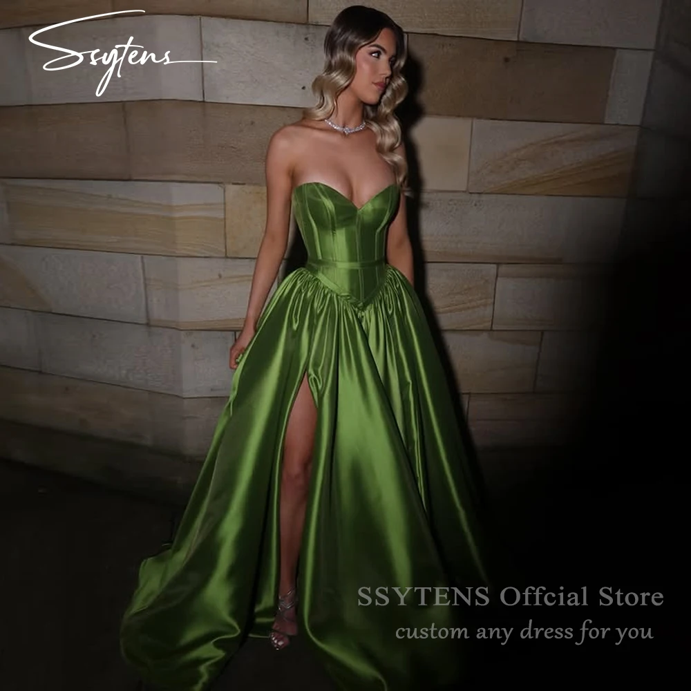 

SSYTENS Sexy Green Party Dress Women Satin Sweetheart Long Prom Dresses Side Slit Dubai Evening Gown Customized Special Occasion