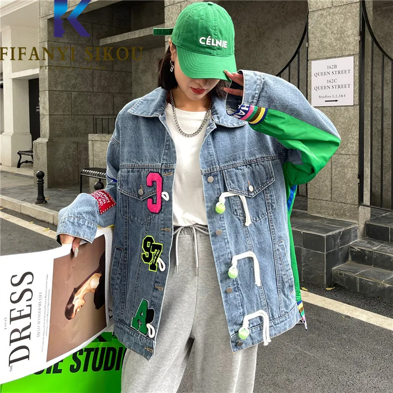 Patchwork Denim Jacket Women Letter Embroidery Fashion Spliced Jeans Jacket Female 2022 Autumn Loose Lapel Jeans Coat Streetwear