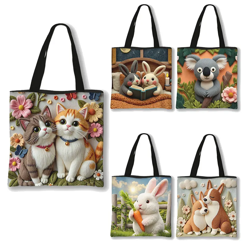 3D Embossed Animal Print Handbag Cute Cat Rabbit Koala Corgi Totes Shopping Bag Portable Large Capacity Shoulder Bags Gift