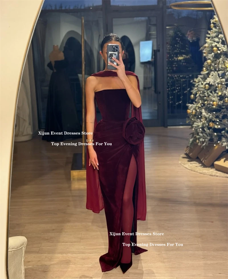 Xijun Burgundy Velvet Evening Dresses Sleeveless Mermaid Side Slit Prom Dresses Formal Occasion Long Prom Gowns 2025 Customized