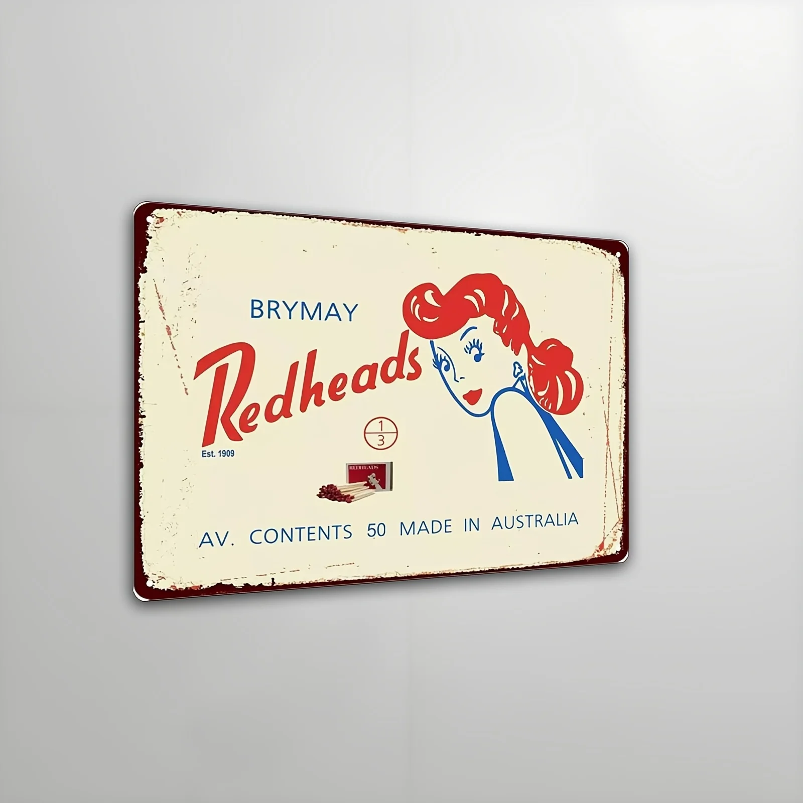 1 Brymay Red-Haired Character] Brymay 1 Red-Haired Character Vintage Decorative Art Metal Sign |   Vertical Rectangular Iron Can Label |   Rural Smoke-Themed Design, Made and Designed in Australia.