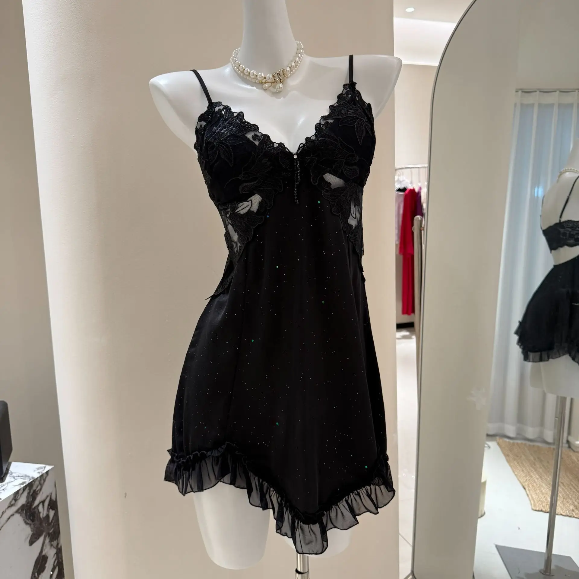 

Embroidery Suspender Nightgown for Women Summer New Sleepwear Homewear Sexy Split Night Dress Nighty Loungewear Lingerie