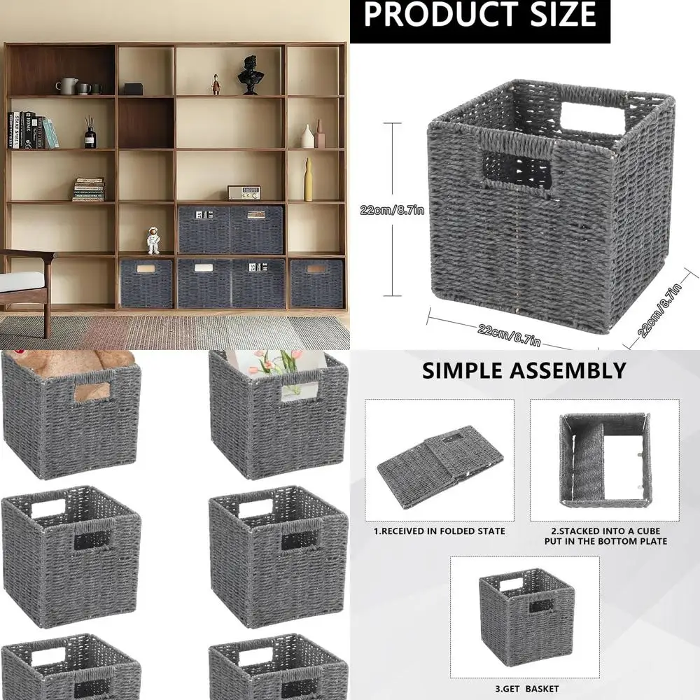 

8.7 Foldable Wicker Paper Rope Baskets, Storage Cubes Organizers for Shelves, Pantry & Decor (Gray)