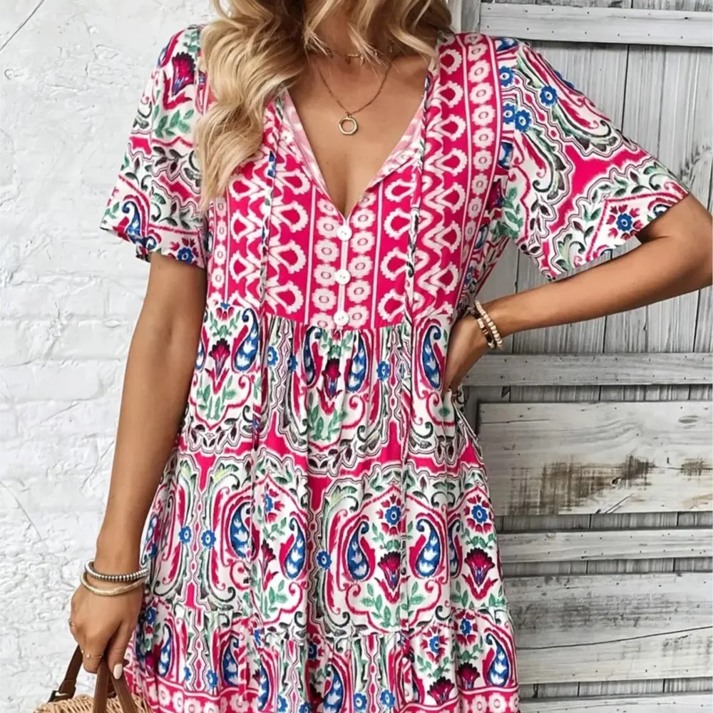 

Casual Dress Spring Summer Retro Print V-neck Tie Elegant Loose Beach Resort Style A-line High-waisted Mini Short-sleeved Dress