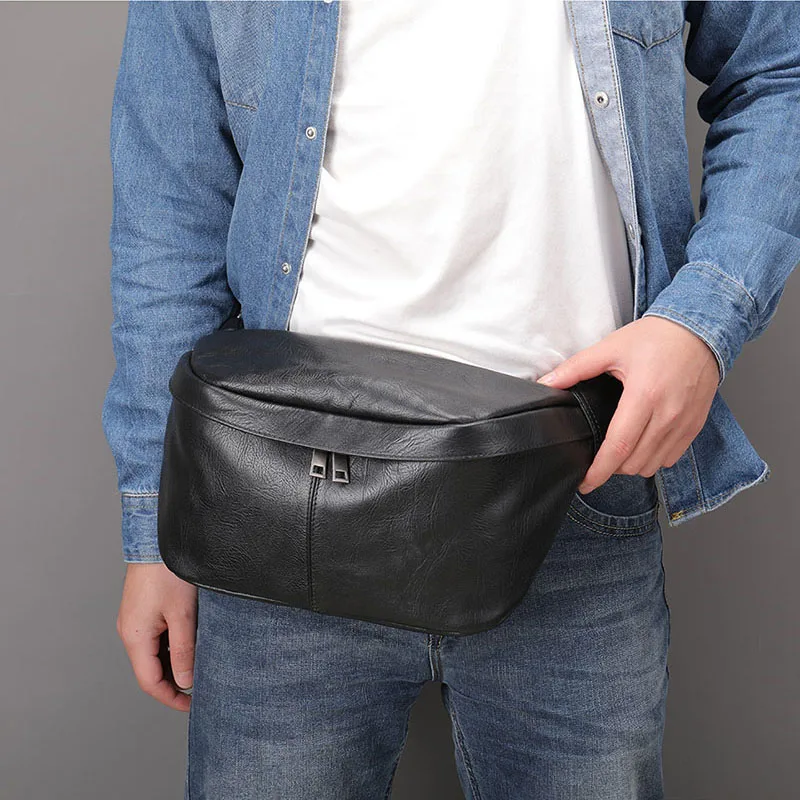 Black Men's Chest Bag Soft Genuine Leather Shoulder Messenger Bag Male Sling Bags Travel Waist Pack Crossbody Summer Bag