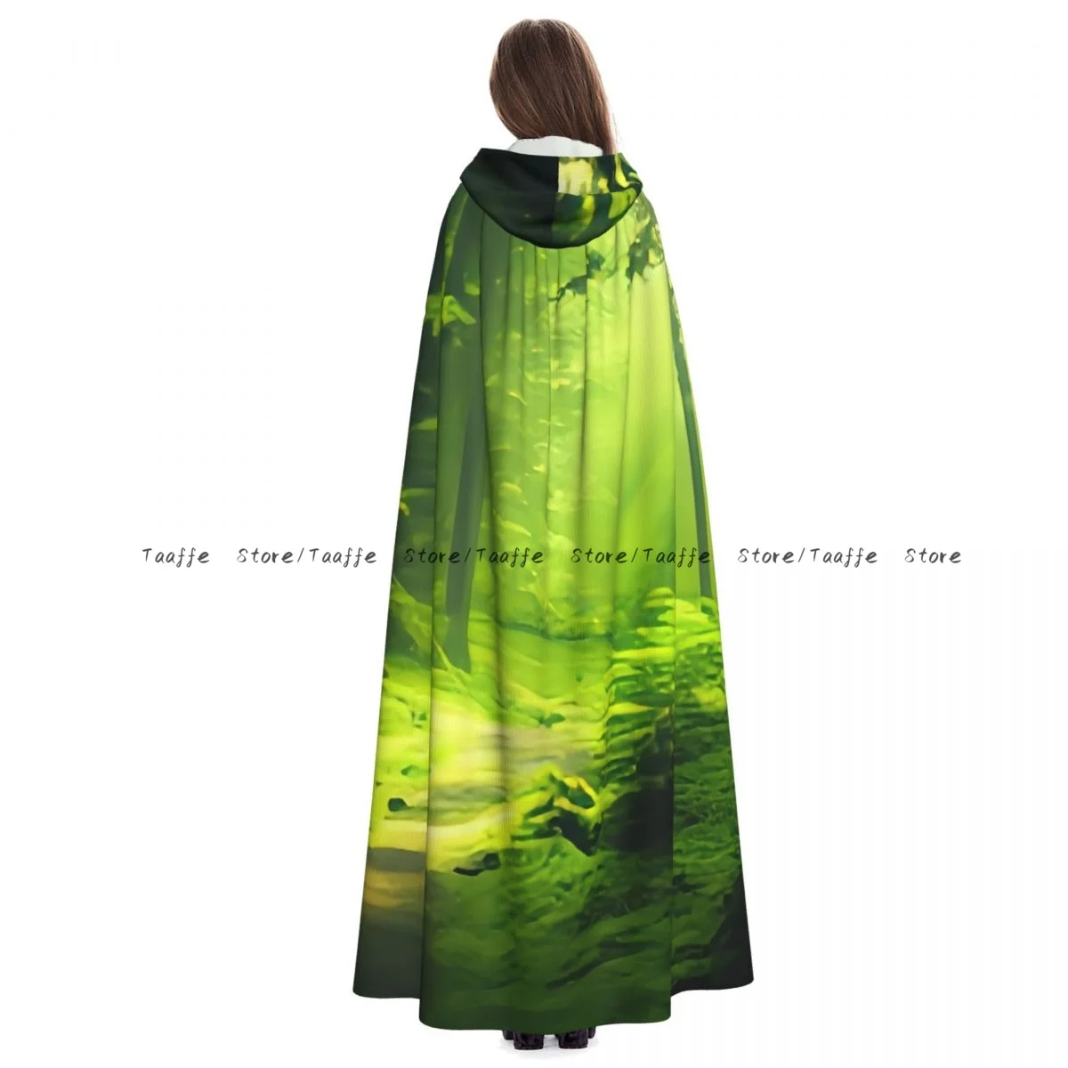 الكبار الغابات الخضراء الطبيعية الطحلب والأشجار عباءة كيب مقنعين القرون الوسطى زي الساحرة ويكا مصاص دماء هالوين فستان مُصمم حسب الطلب معطف