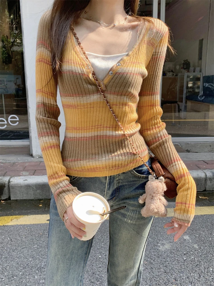 

Женская одежда 2025 года, полосатый свитер, туника с длинными рукавами и v-образным вырезом, двойной джемпер, повседневные модные вязаные пуловеры, топы