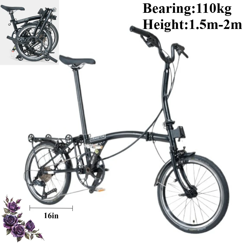 Matte Black Triple Folding Bicycle Adult Ultra-light Portable Retro 16inch Bike Cycling