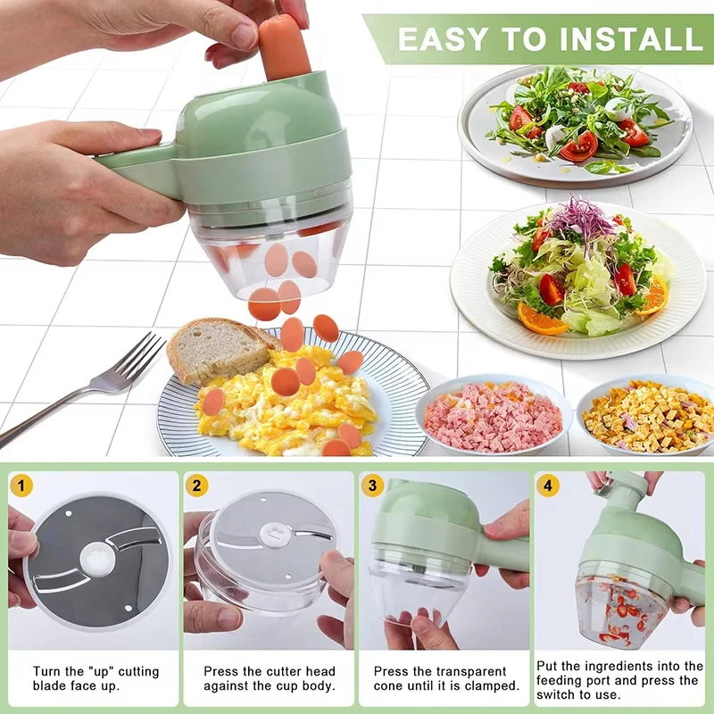 4 In 1 Electric Vegetable Cutter Wireless Chop Garlic Mash Minced Slice Cutting Rechargeable Multifunctional Cooking Gadget