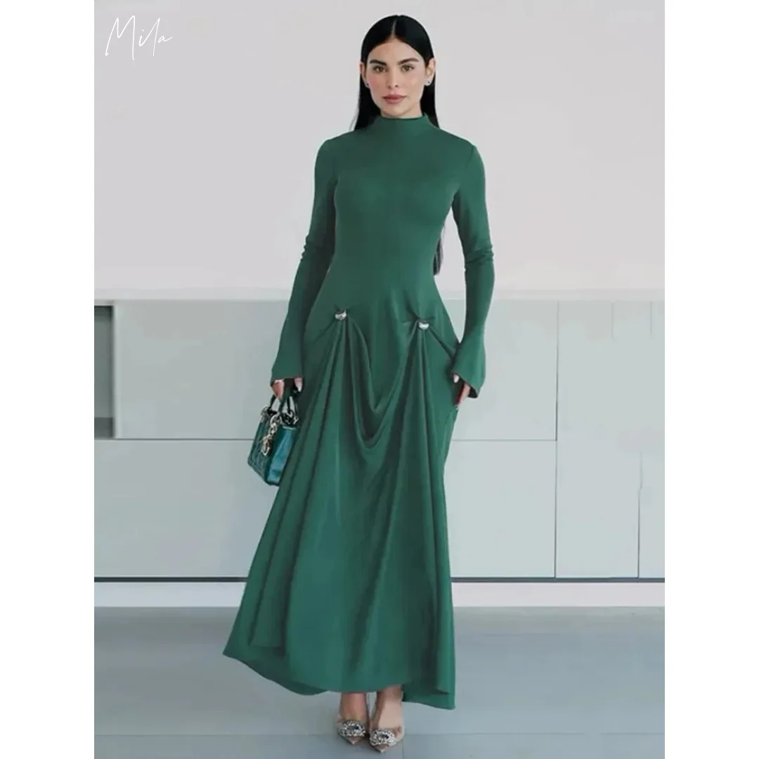 

Mila Dark Green Turtleneck Long Sleeve Buckle Ruched Customized Prom Dresses Fitted Flowy Maxi Skirt Formal Evening Elegant 2025