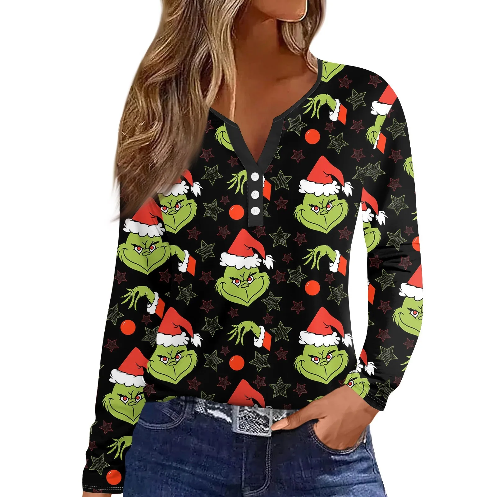 Women\'s Straight Shoulders Christmas Print Long Sleeve Straight Shoulders V-Neck Button T-Shirt Top