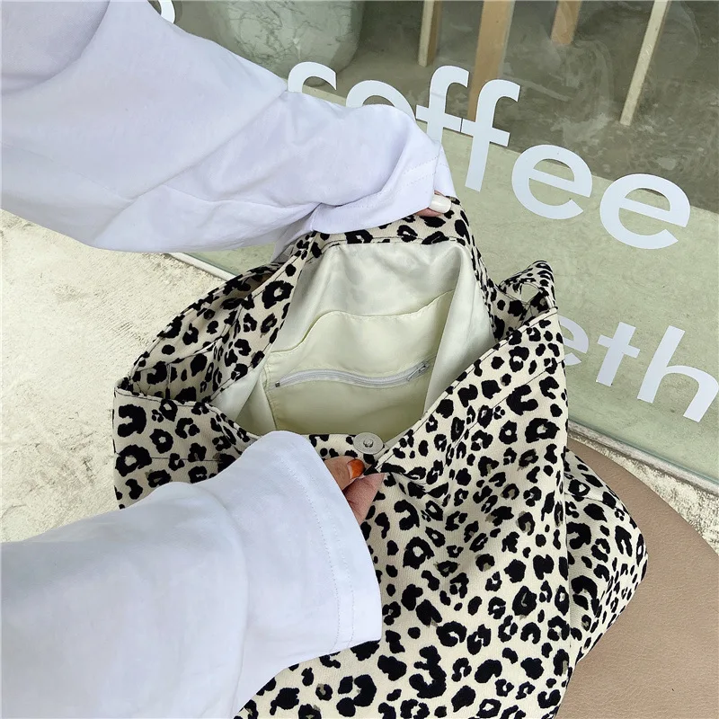 Large Capacity Women Eco Reusable Shopping Bag Leopard Pattern Ladies Canvas Shoulder Bags Student Girls School Tote Handbags