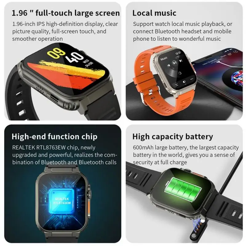 A70 Smart Watch 1.96 Inch Bluetooth Calls Local Music Recording Function IP68 Waterproof Message Reminder Sports Smartwatch