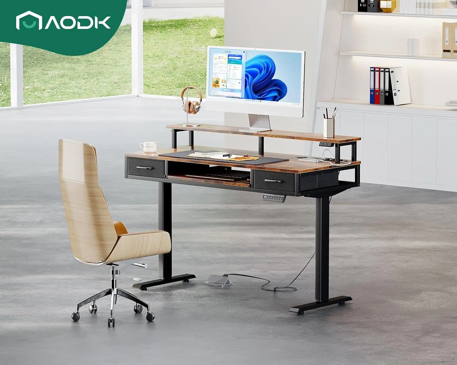 AODK-Secretária Elétrica em Pé com Gavetas, Mesa Pequena Ajustável, 47 "Altura, Bandeja Do Teclado, Tomadas De Energia, Luzes LED