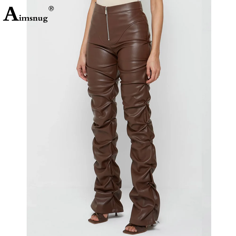 

Women High Cut Fashion Zipper PU Leather Pants 2025 American And Europe Sexy Pleated Cuff Legging Lady Slim Faux Leather Outfits