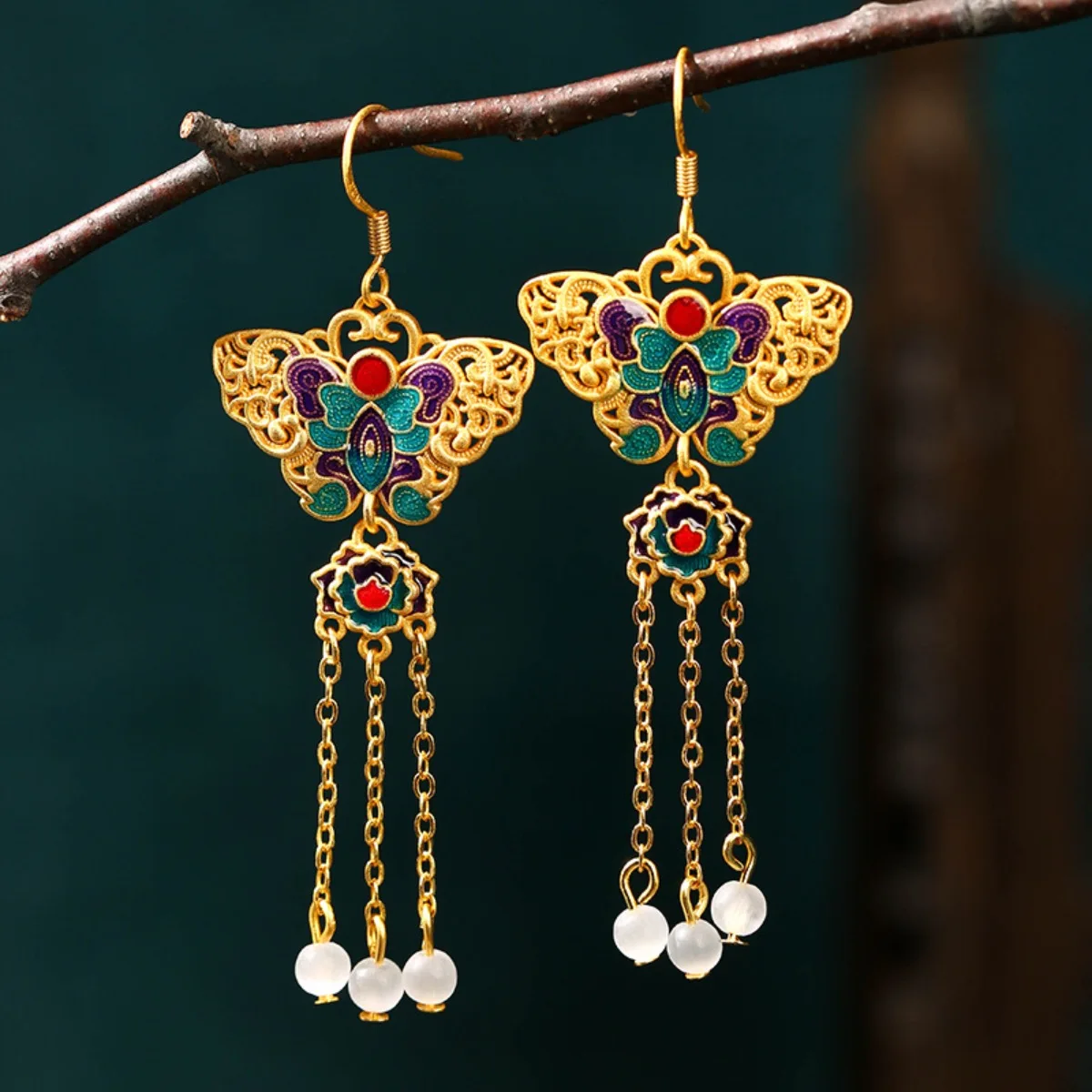 Ethnic Chinese Butterfly Earrings for Women Hollow Design Ancient Palace Style Enamel Luxury Jewelry Creative Long Tassel Gifts image 3