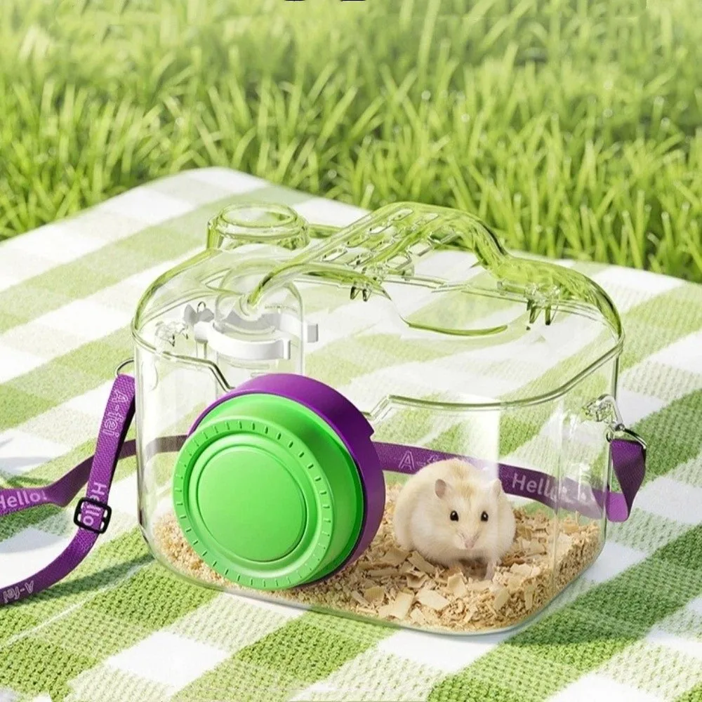 Transparent Hamster Carriers Cage Ventilated with Water Bottle Travel Hamster Carrier Adjustable Strap Food Bowl