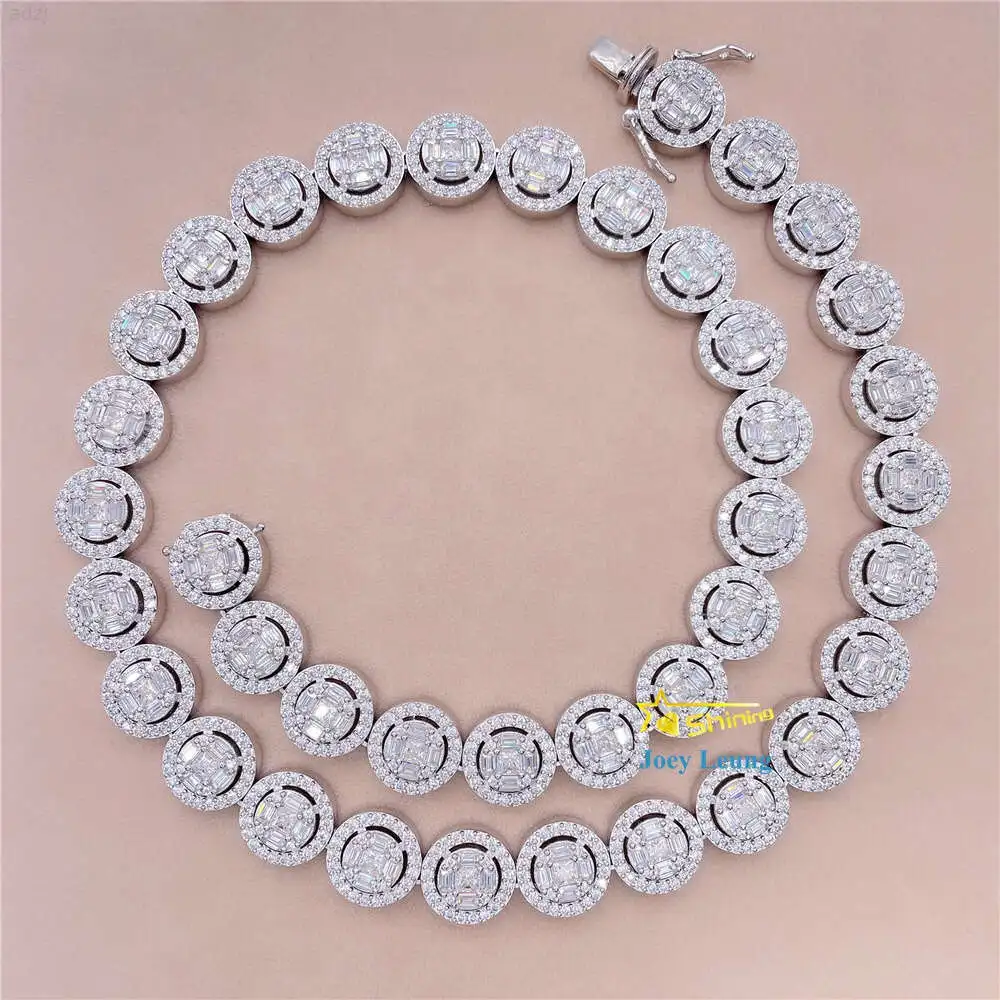 Hip Hop Jewelry 13mm Round Baguette Vvs Moissanite Diamond Iced Out Silver Cuban Link Chain Necklace