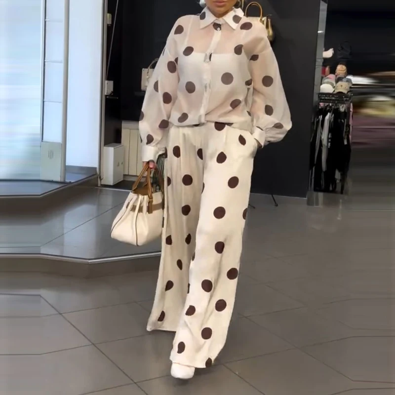 

Elegant Polka Dot Print Chiffon Outfit Fashion Lapel Button Shirt & Long Pant Suit Women Casual Long Sleeve Pocket Loose 2Pc Set