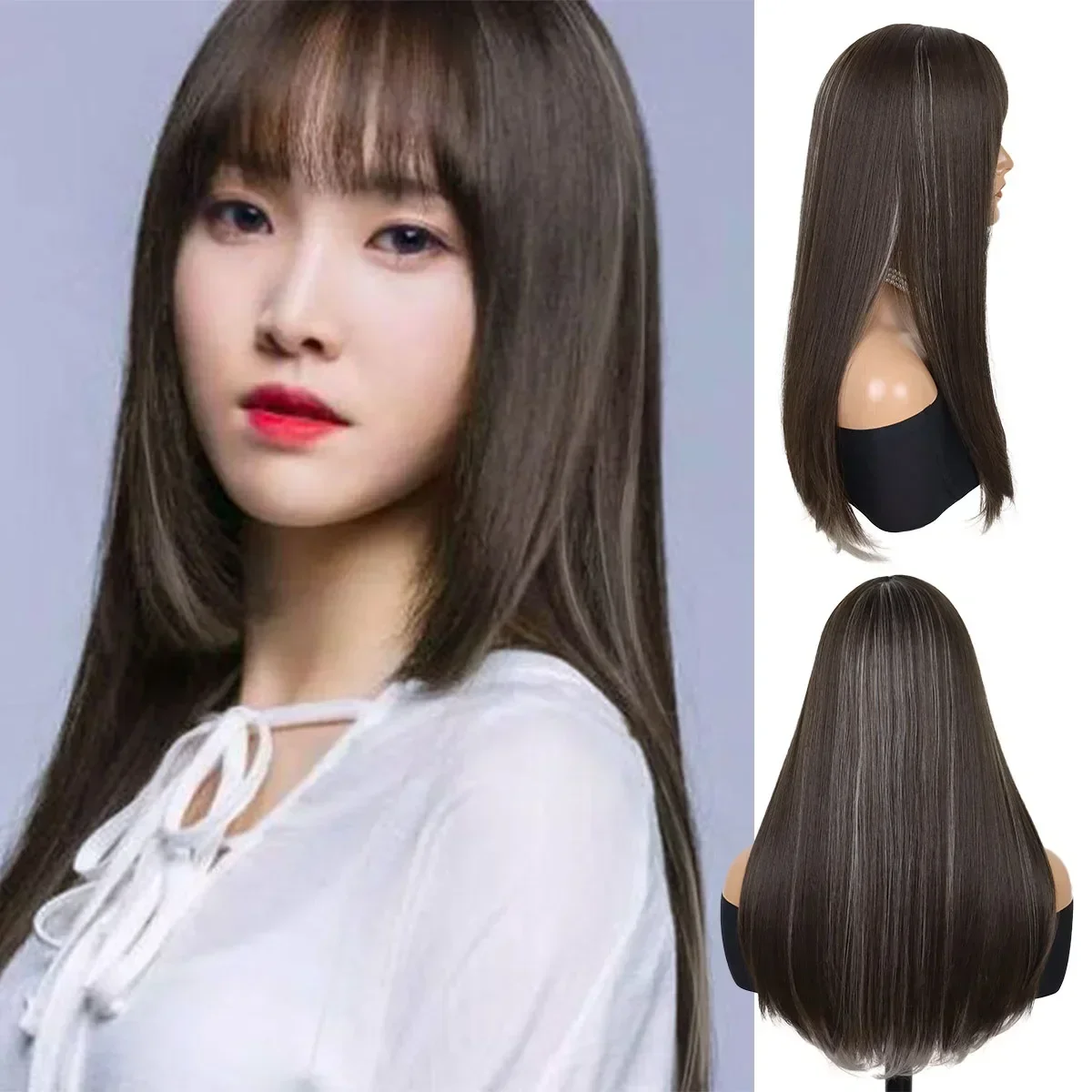 Premium Synthetic Long Straight Wigs for Women Natural Hair Styles Casual Wig with Bangs Blend Brown Wig with Highlights Blonde