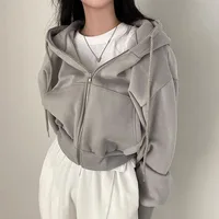 Korean Hood Shirt Women Fashion Fleece Lined Loose Hoodies Zipper Long Sleeve Crop Tops Harajuku Female Jackets Coats Sweatshirt - Image 4