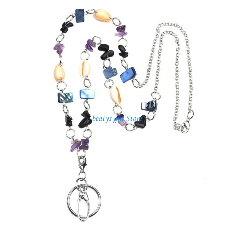C7AB Natural Stone Shell Glass Lanyard 81cm Long Beaded Necklace Lanyard For Work Badge Card Holder Keychain Accessories