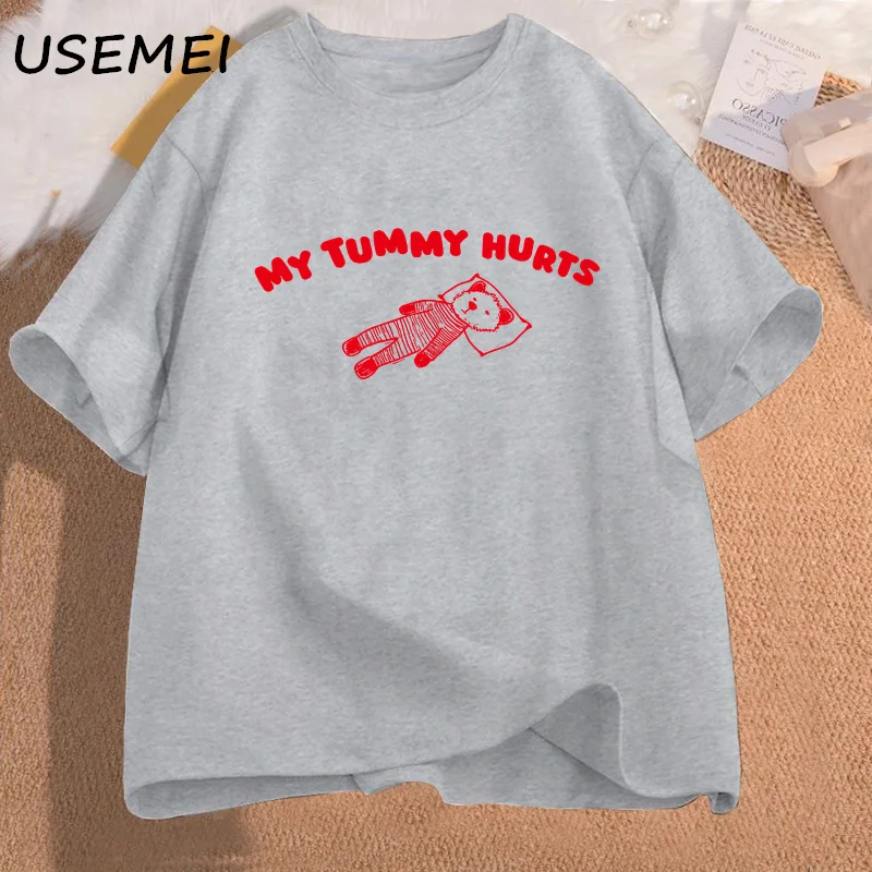 My Tummy Hurts Bear Meme Graphic T Shirts Cotton Short Sleeve T-shirts Oversize Man Clothes Funny Print Tees Shirt Men\'s Clothes