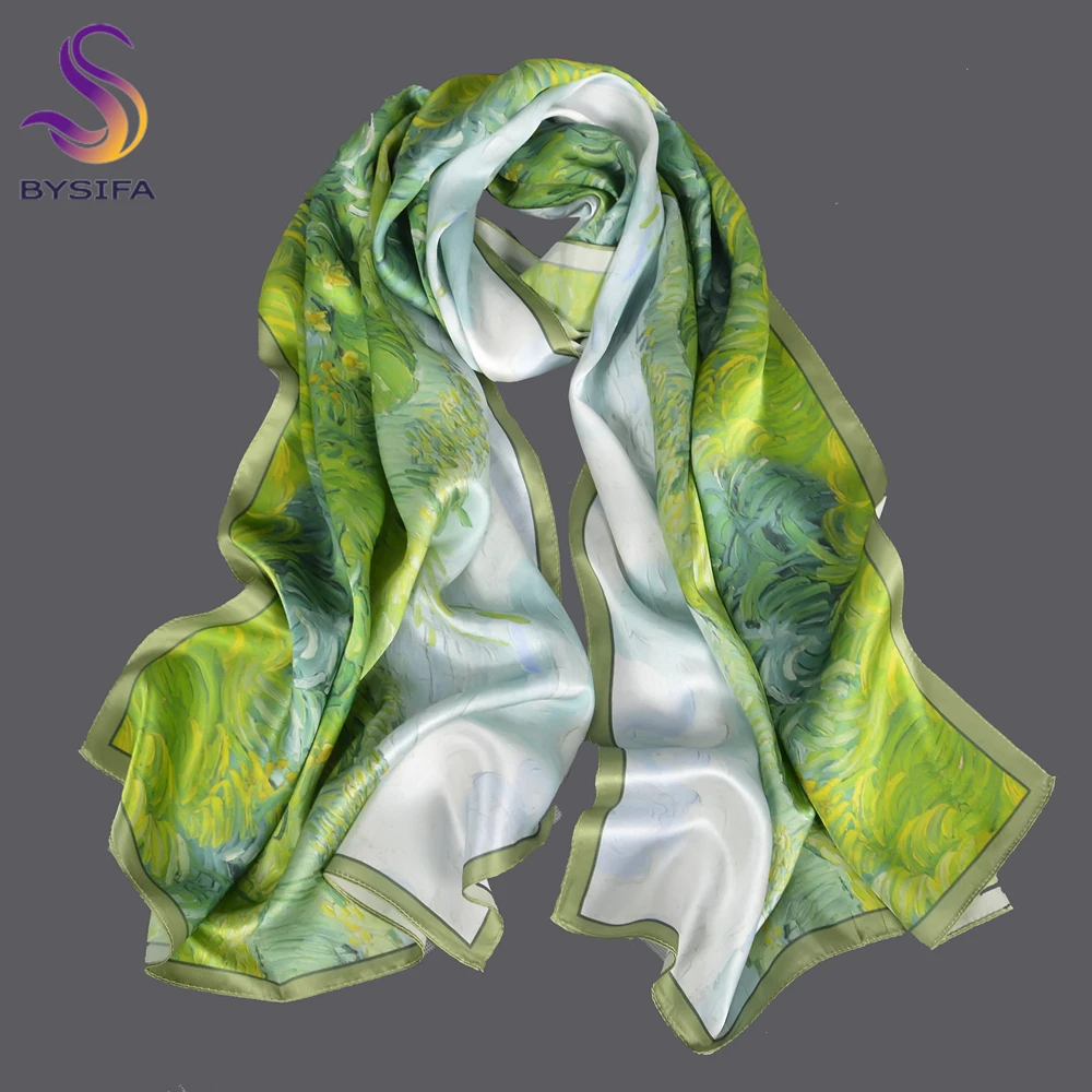 BYSIFA|Brand Blue Green Silk Scarf Bufanda Women\'s Fashion New Green Field Design Pure100% Silk Scarf Shawl Echarpe 170*53cm