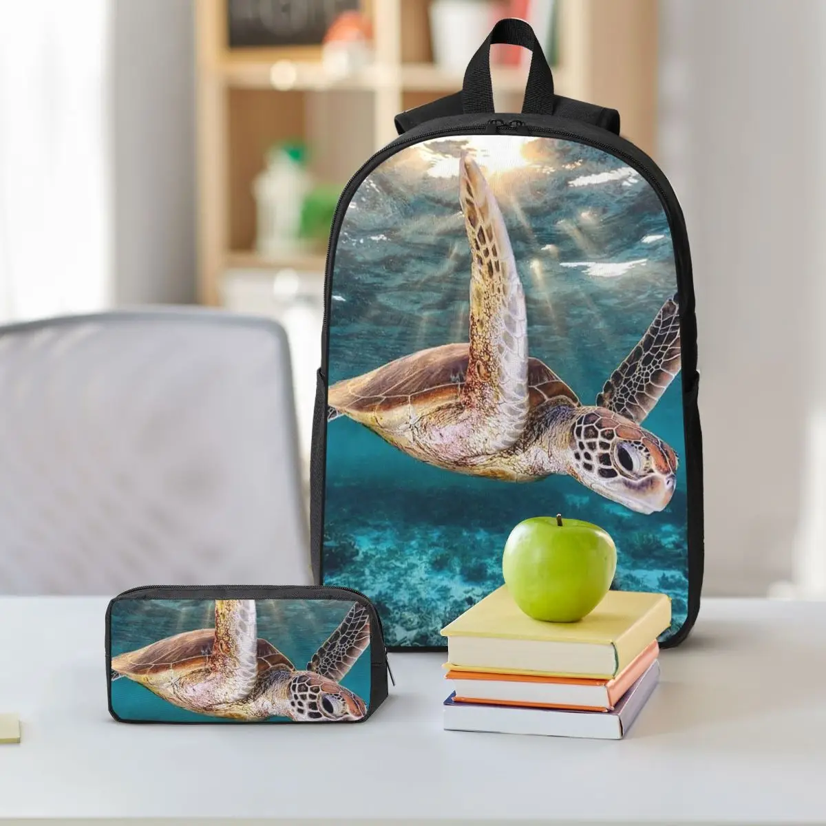 Sea Turtle Swimming In Water Backpack Student BookBag School Bag Shoulder Bags 3ps Insulated Lunch Bag Pencil Case