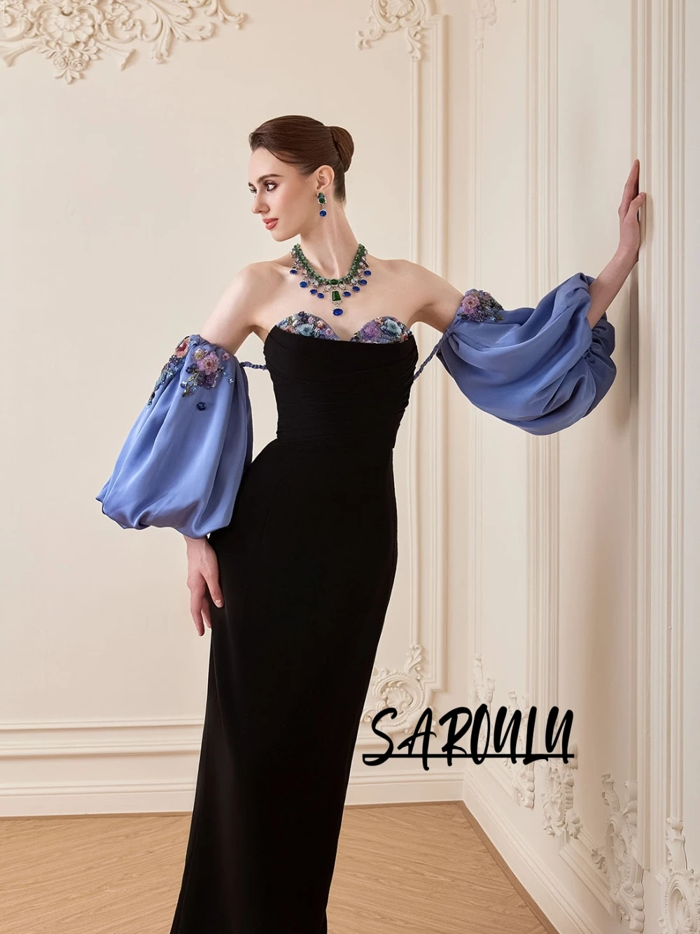 Elegant Black Off Shoulder Contrast Blue Puff Sleeve Evening Dress Floral Embroidery Straight Customized Gala Dinner Prom Gown