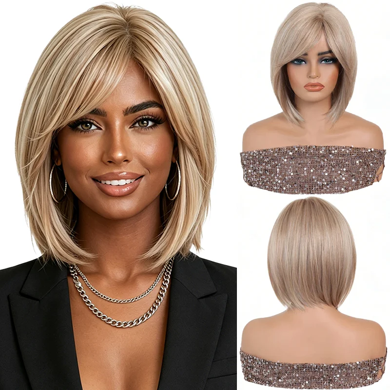 

Rose Gold Side Part Bob Wig Natural Realistic Soft Short Straight Wig Heat Resistant Synthetic Hair For Black Women Daily Party