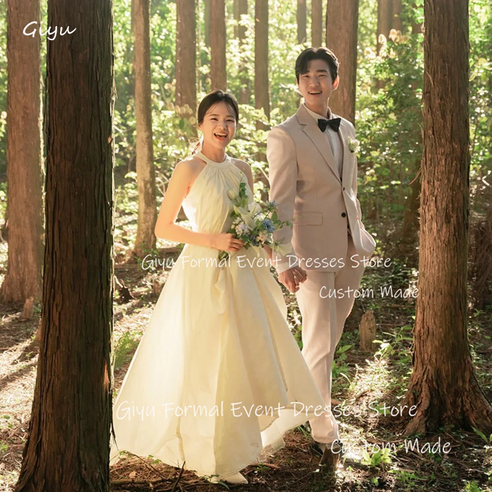 

Giyu Simple A Line Taffeta Wedding Dresses Korea Sleeveless Floor Length Bride Dress Mariage Custom Made