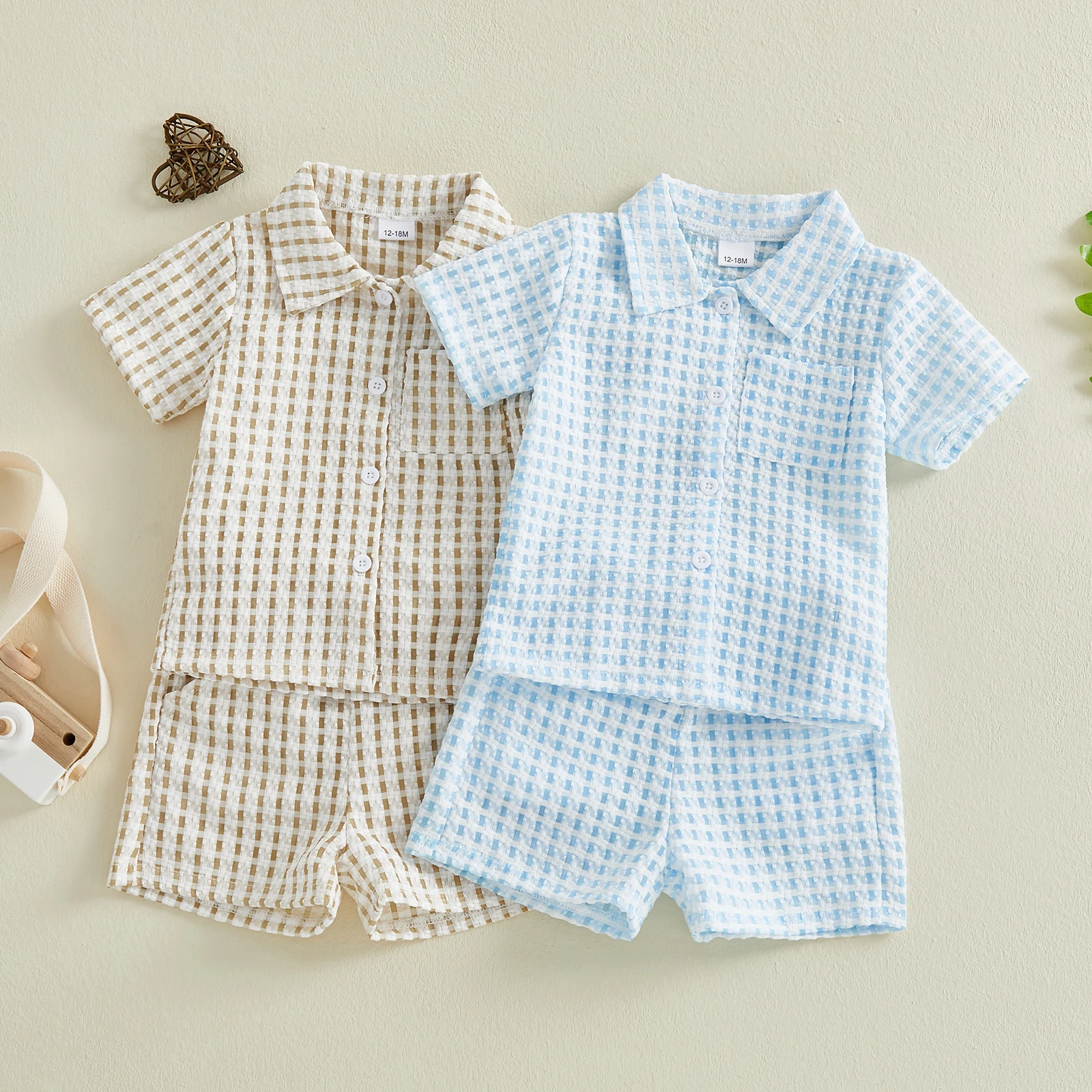 FOCUSNORM 0-4Y Toddler Baby Boys Summer Clothes Sets Outfit Plaid Button Down Turn Down Neck Short Sleeve Shirt and Shorts
