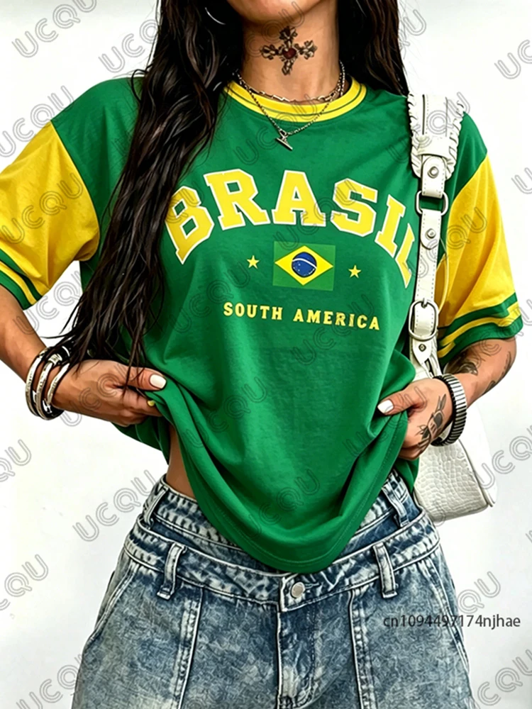 2026 New Vintage Brazil Print Women T Shirt Patchwork Short Sleeve Summer Sports Tees Football Jersey Y2K Loose Oversized Tops