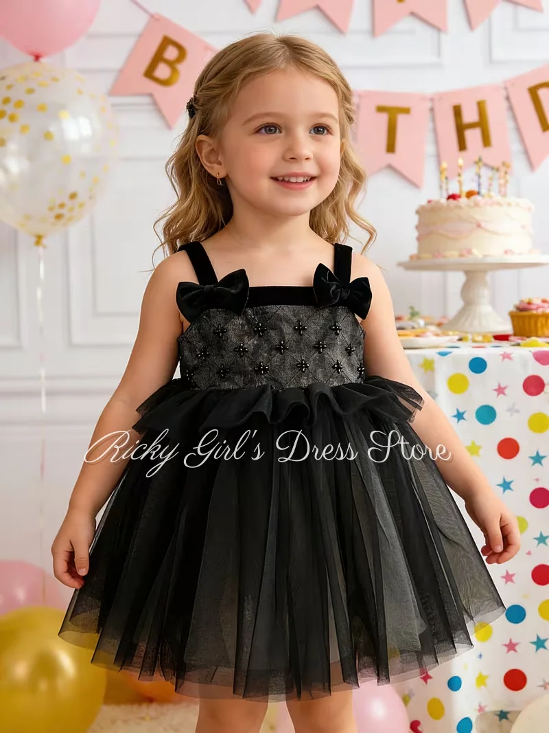 Lovely Girl Velvet With Mesh Black Flower Girl Dresses Spaghetti Straps Beaded Girls Birthday Dresses Customized Size Color