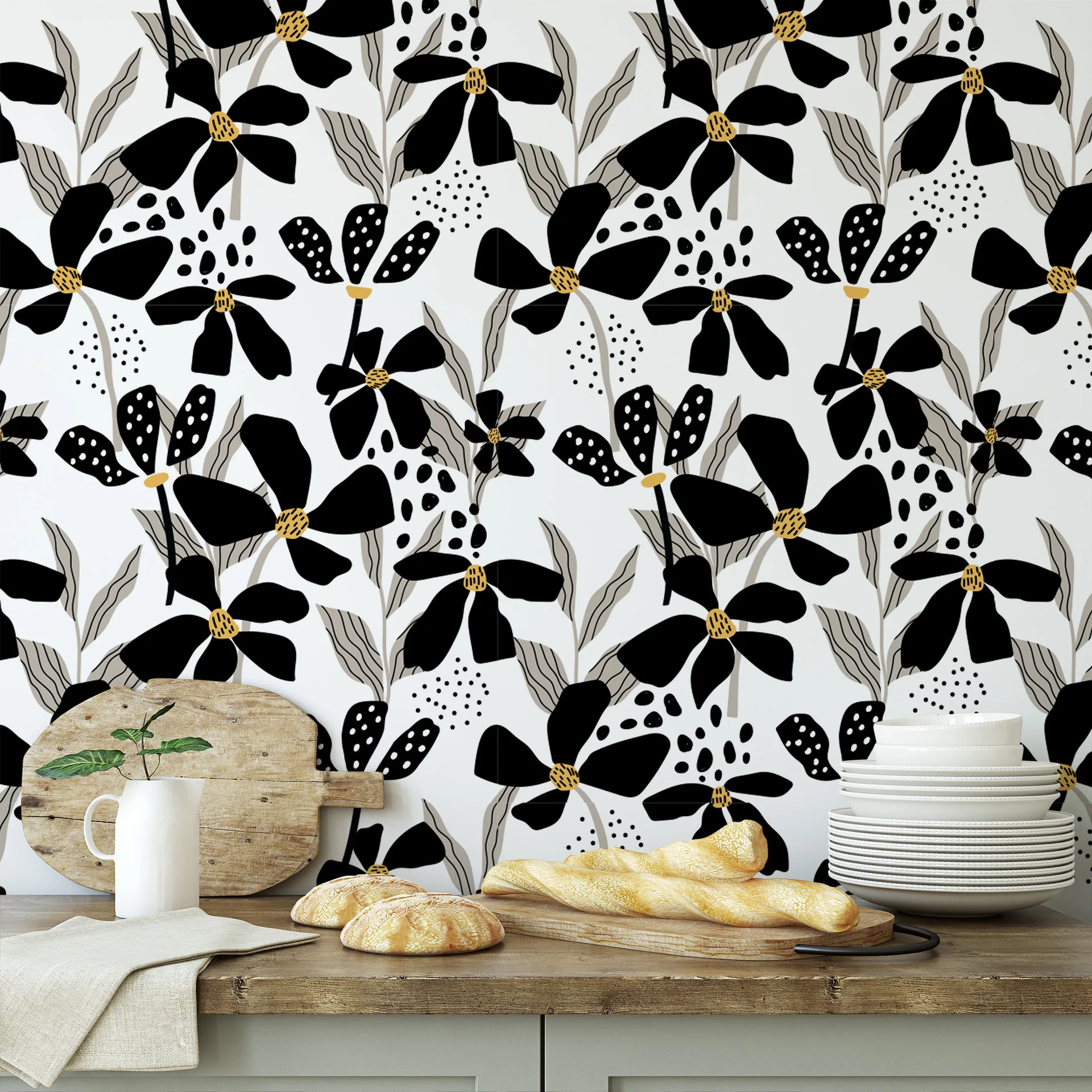 Black White Floral Self Adhesive Wallpaper Home Decoration Removable Peel and Stick Wallpaper for Bedroom Cabinet Wall